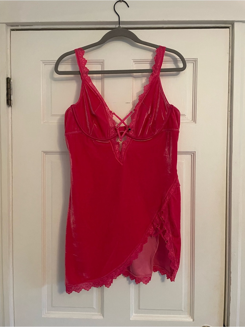 Fashion Nova Wine By The Fireplace Velvet Chemise Hot Pink Lace-Trim Chemise